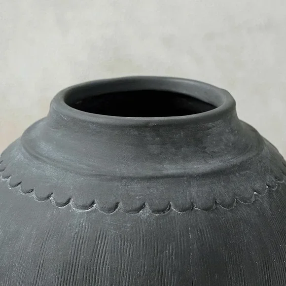 Magnolia Scalloped Black Vase - Large - Distressed Finish, Ceramic